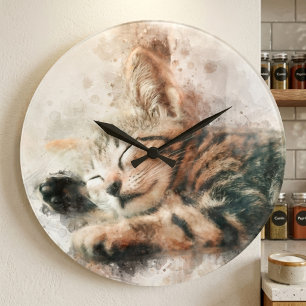 Hübsches und süßes Kätzchen schlafend Aquarell Große Wanduhr