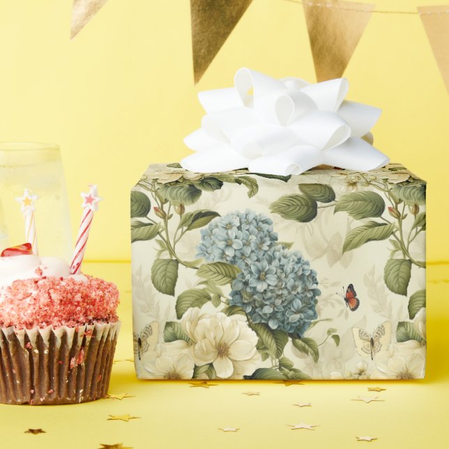 Hübsches Vintages Blaues Hydrangea und Schmetterli Geschenkpapier (Geburtstagsparty)
