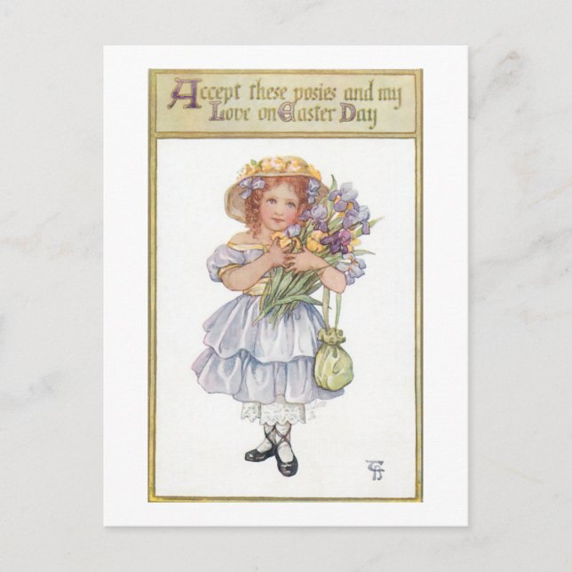 Hübsches Vintages Mädchen mit OsterBlume Postkarte (Vorderseite)