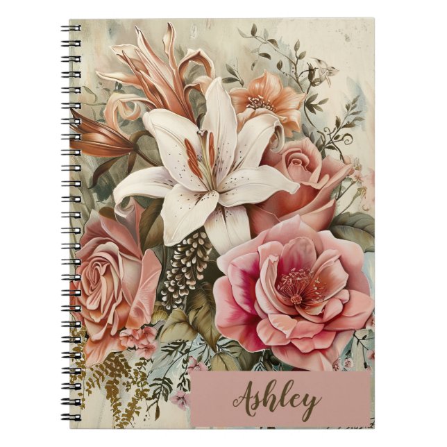 Hübsches Vintages Personalisiertes BlumenNotebook Notizblock (Vorderseite)