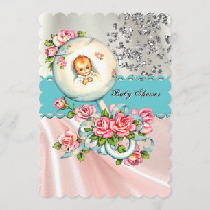 Hübsches Vintages Rosa und Aquamarines Blue Baby D Einladung