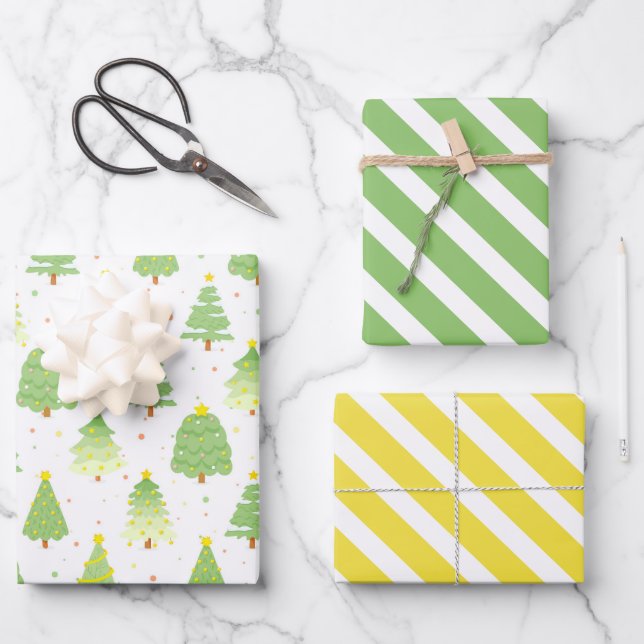 Hübsches Weihnachtsbaumwrapping Papier Set von 3 (Vorderseite)