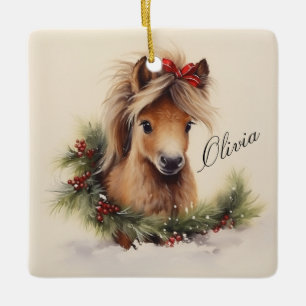 Hübsches Weihnachtspony mit Namen Keramikornament