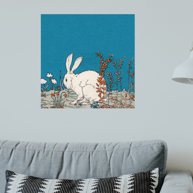Hübsches Weißes Kaninchen in Blume auf Blue Poster (Pretty white rabbit sitting among orange and white flowers on blue artwork wall poster.)