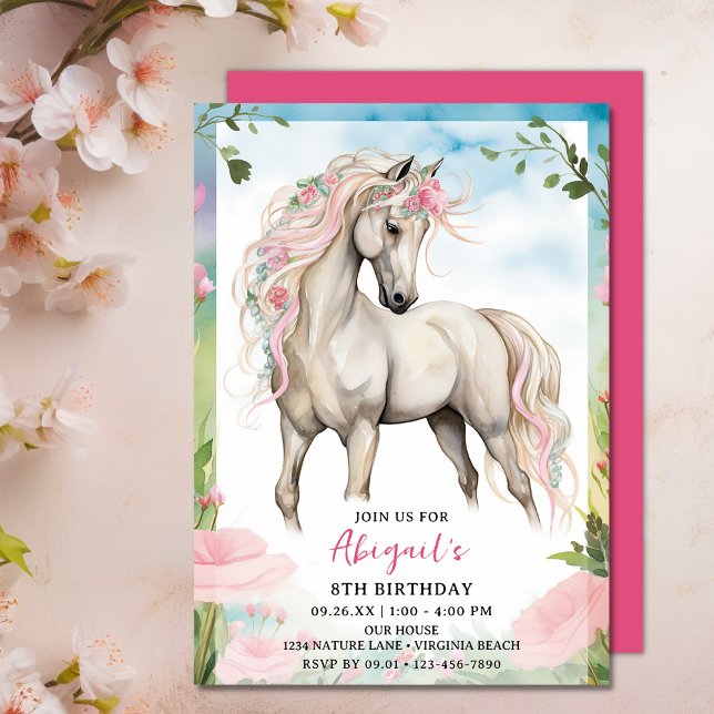 Hübsches Weißes Pferd und rosa Blume Geburtstag Einladung (Pretty White Horse and Pink Flowers Birthday Invitation)