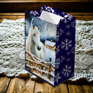 Hübsches Weißes Pferd Weihnachtsbauernhof Mittlere Geschenktüte