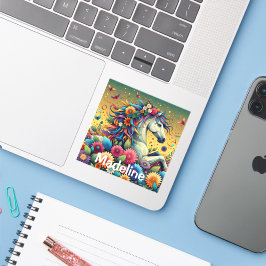 Hübsches Whimsical Horse in farbenfrohen Blume Aufkleber