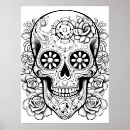 Hübsches Zucker-Schädel-Bild Schwarz + Weiß-Kunst Poster