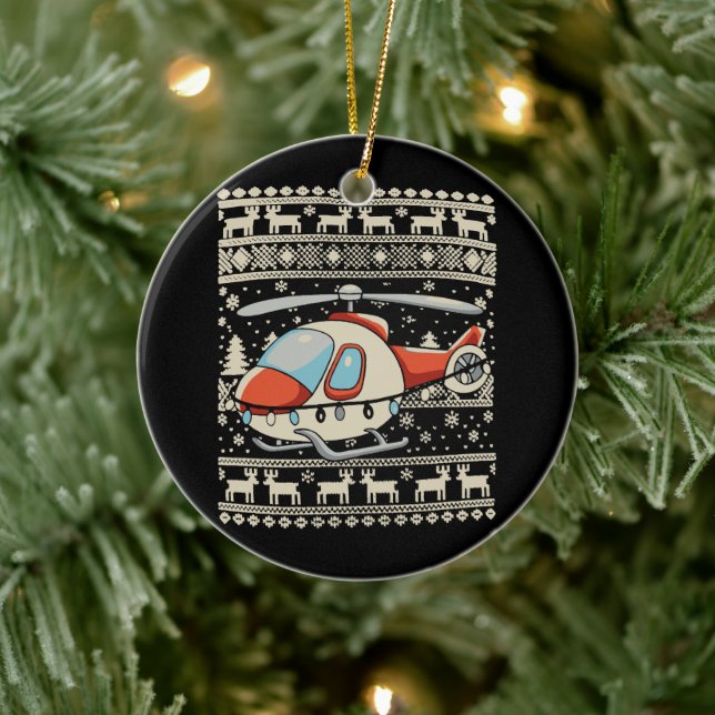 Hubschrauber Weihnachtsmann Hut Weihnachtsbeleucht Keramik Ornament (Baum)