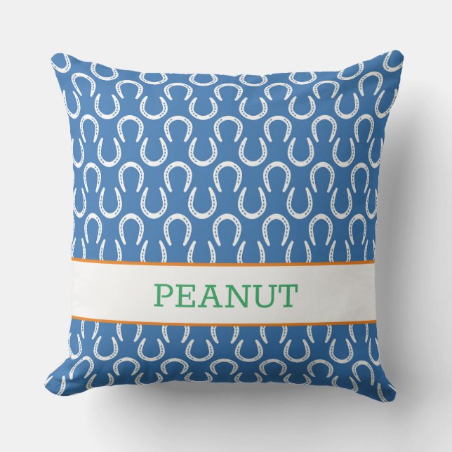 Hufeisen Blaues Pferd Name Foto Keepake Kissen (Vorderseite)