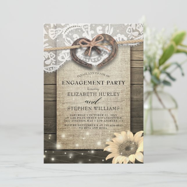 Hufeisen Burlap Lace Sunflowers Engagement Party Einladung (Stehend Vorderseite)