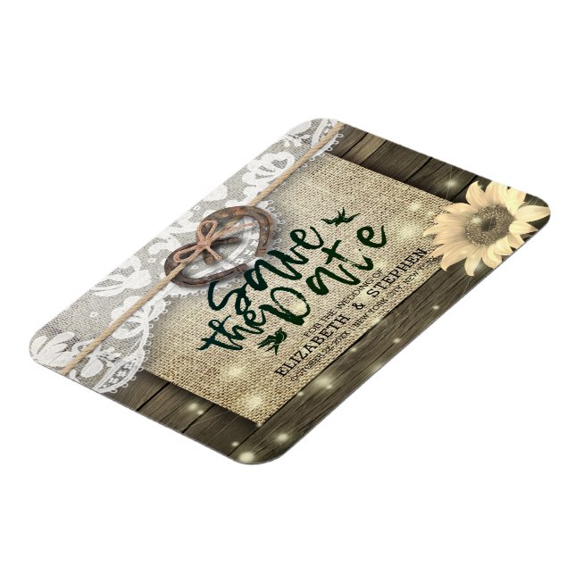 Hufeisen Sonnenblumen Land Hochzeit Save the Date Magnet (Linke Seite)