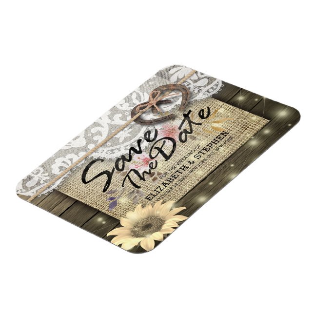 Hufeisen Sonnenblumen Land Hochzeit Save the Date Magnet (Linke Seite)