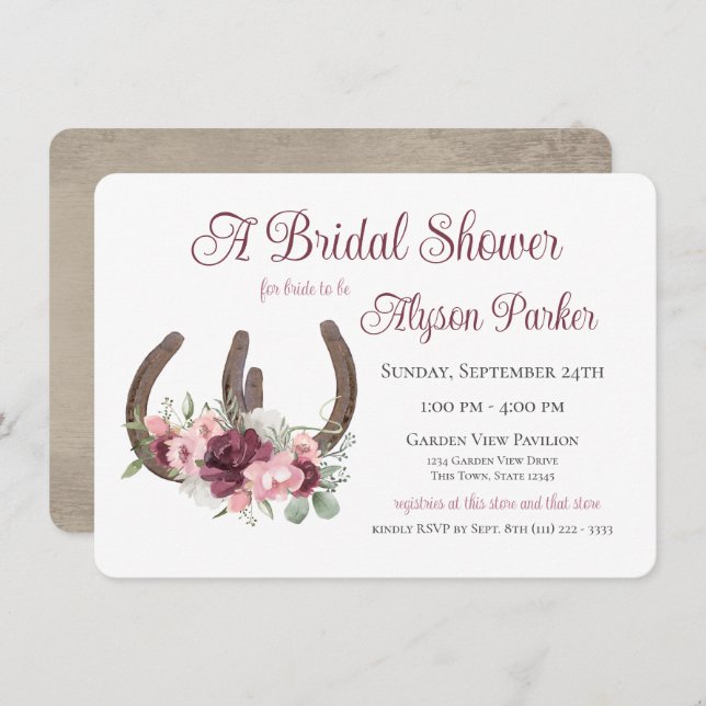 Hufeisen und Blume Brautparty aus Holz Einladung (Vorne/Hinten)