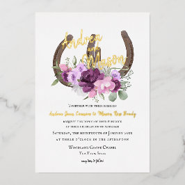 Hufeisen und Lila Blumenhochzeit Folieneinladung