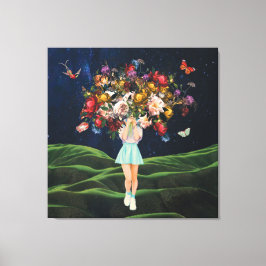 Huge Bouquet Girl Dark Sky Surreal Collage Leinwanddruck