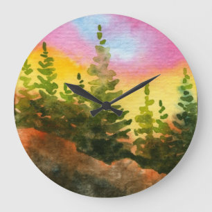 Hügel, Kiefern, Himmel, Nebellandschaft in Sonnena Große Wanduhr