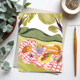 Hügel-Picknick   Gemalte Aquarell-Landschaft Postkarte