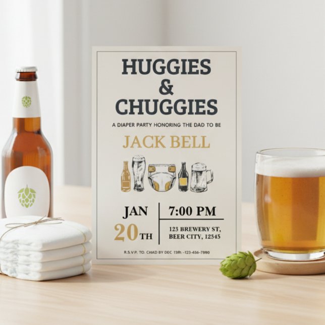 Huggies and Chuggies Invitation Einladung (Huggies and chuggies invite on table with beers and diapers)