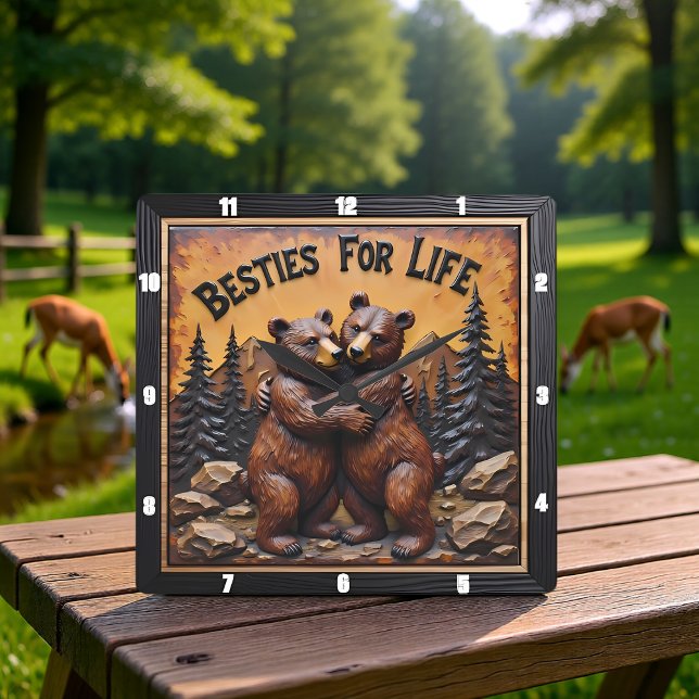 Hugging Bears Dark Forest Quadratische Wanduhr (Von Creator hochgeladen)