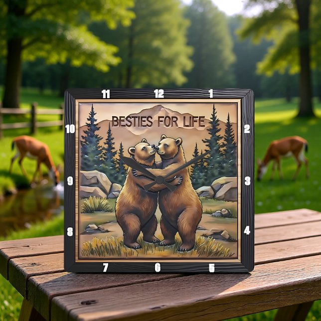Hugging Bears Mountain Valley Quadratische Wanduhr (Von Creator hochgeladen)
