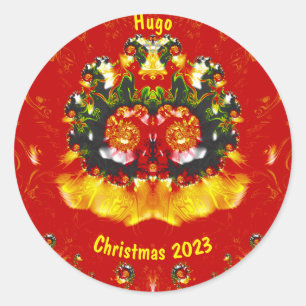 HUGO ~ CHRISTMAS Rotes Gelbes Fraktal ~ Runder Aufkleber