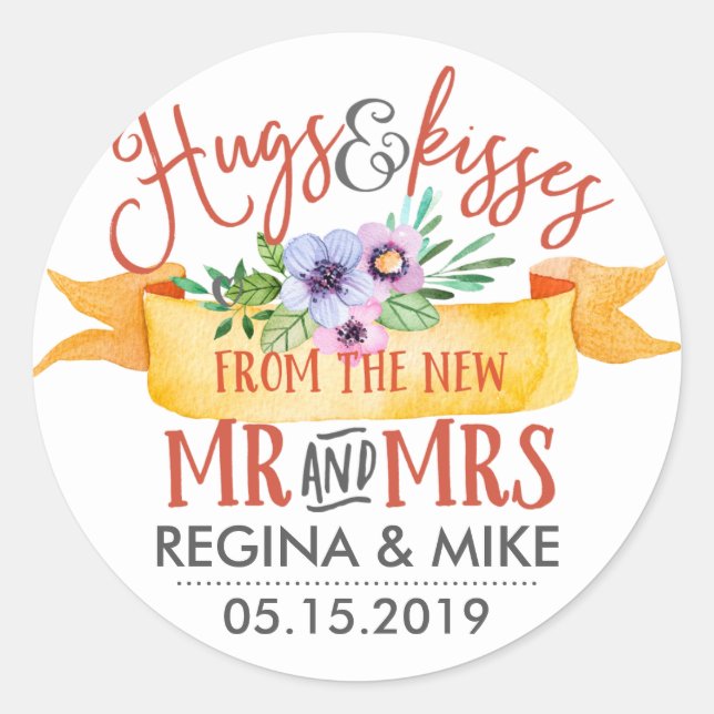 Hugs and Kisses from the new Mr and Mrs. Floral Runder Aufkleber (Vorderseite)