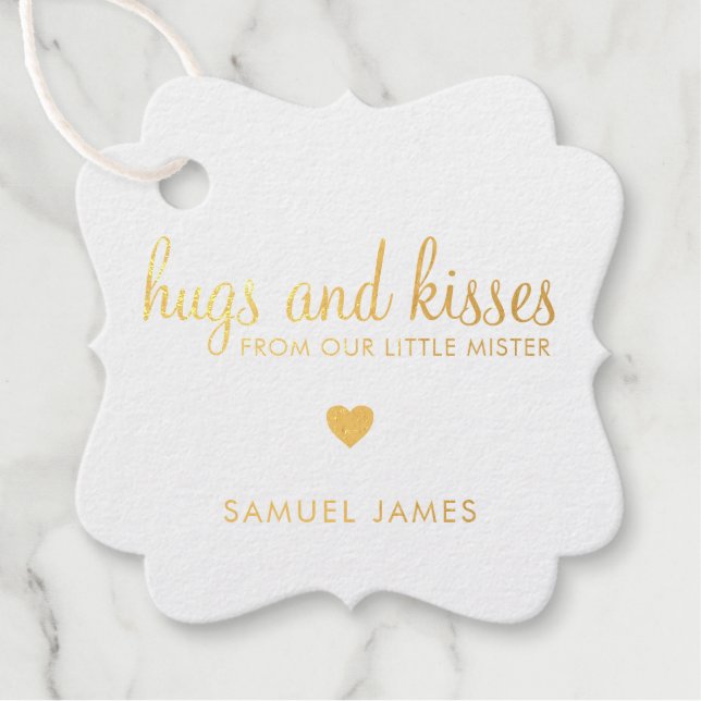 Hugs and Kisses Heart Gold Foil Boy Baby Shower Geschenkanhänger (Vorderseite)