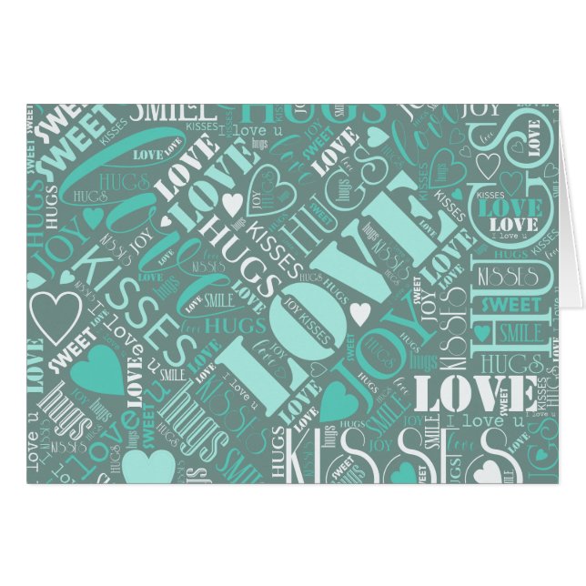 Hugs and Kisses Word Cloud Aquamarin ID286 (Vorderseite (Horizontal))