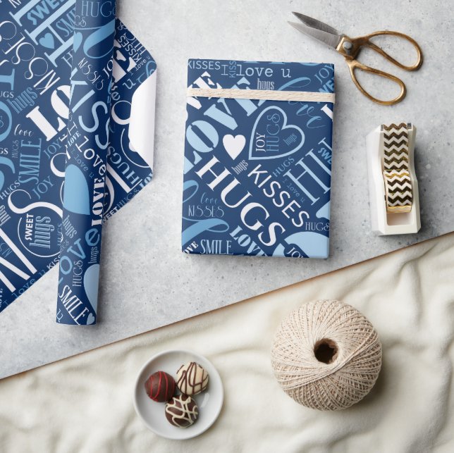 Hugs and Kisses Word Cloud Blue ID286 Geschenkpapier (Kunsthandwerk)
