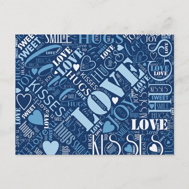 Hugs and Kisses Word Cloud Blue ID286 Postkarte (Vorderseite)