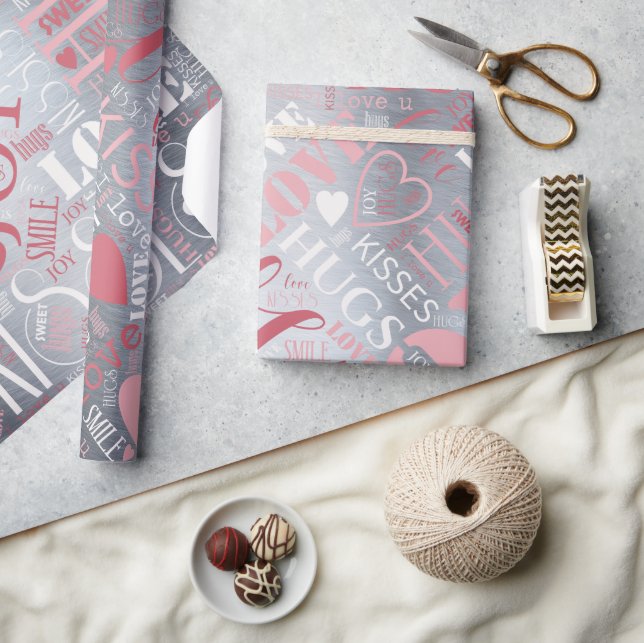 Hugs and Kisses Word Cloud Pink/Silver ID286 Geschenkpapier (Kunsthandwerk)