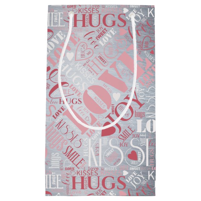 Hugs and Kisses Word Cloud Pink/Silver ID286 Kleine Geschenktüte (Vorderseite)
