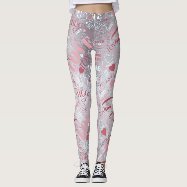 Hugs and Kisses Word Cloud Pink/Silver ID286 Leggings (Vorderseite)