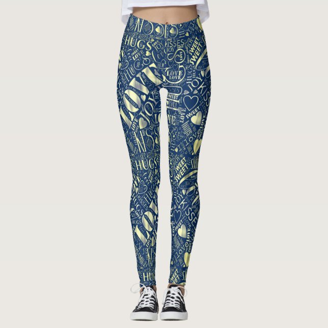 Hugs and Kisses Word Cloud Retro Blue ID286 Leggings (Vorderseite)