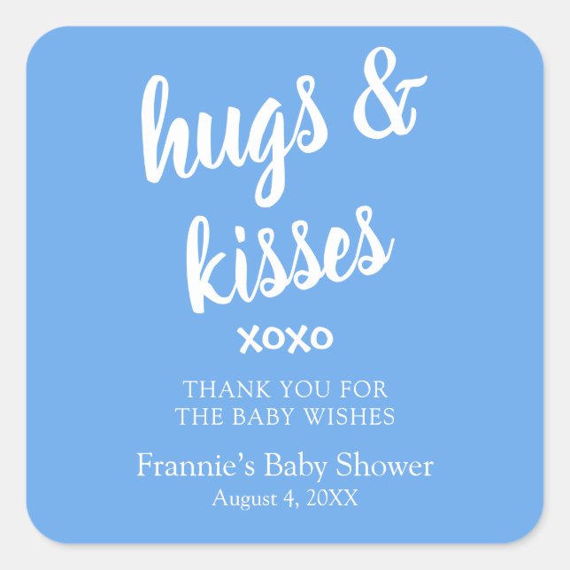 Hugs & Kisses Blue Vielen Dank Baby Shower Square  Quadratischer Aufkleber (Vorderseite)