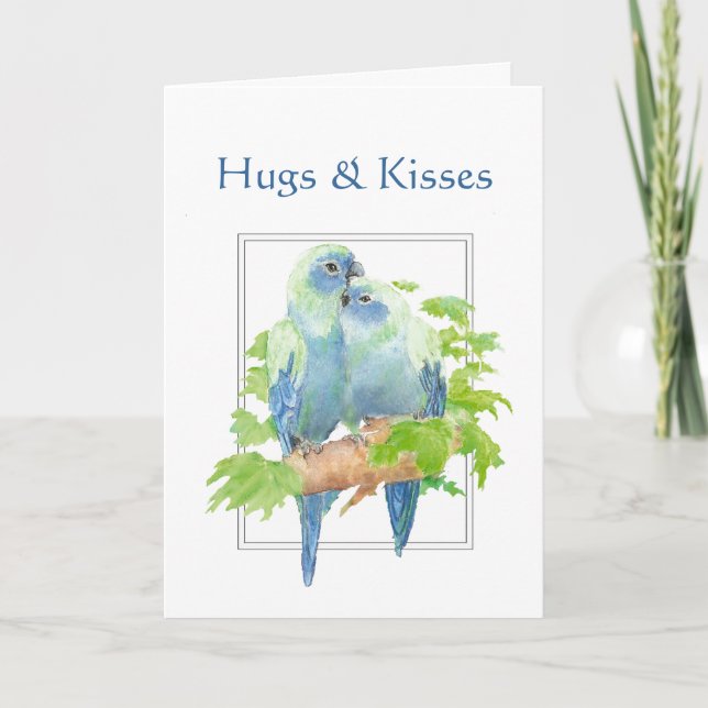 Hugs & Kisses und Birthday Wishs Parrot Couple Karte (Vorderseite)