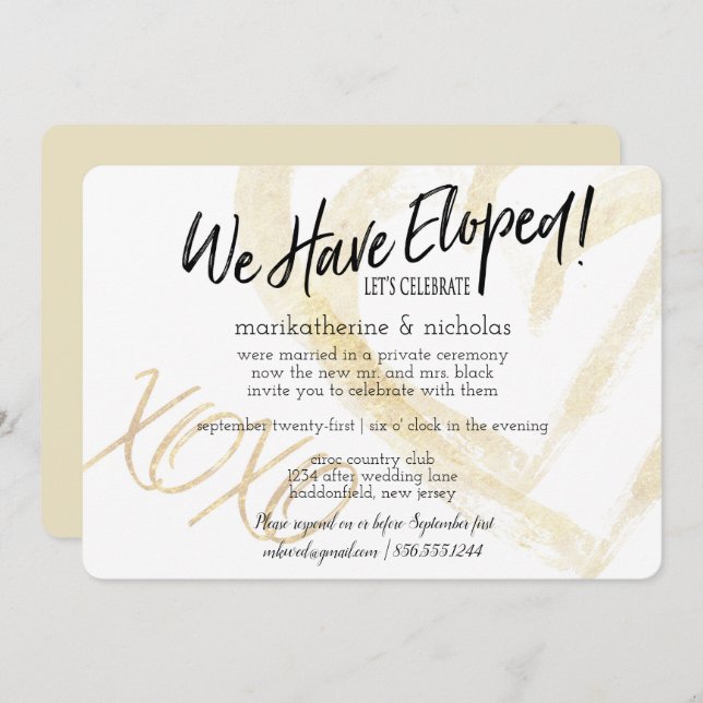 Hugs, Kisses und Hearts Elopement Party Einladung (Vorne/Hinten)