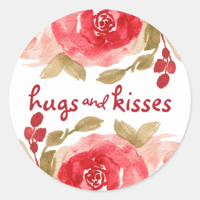 Hugs & Kisses Watercolor Rote Rose Valentine Runder Aufkleber (Vorderseite)