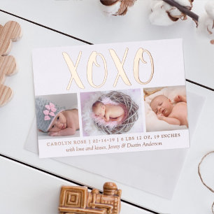 Hugs & Kisses (XOXO) 3 Photo Birth Announcement Folieneinladung