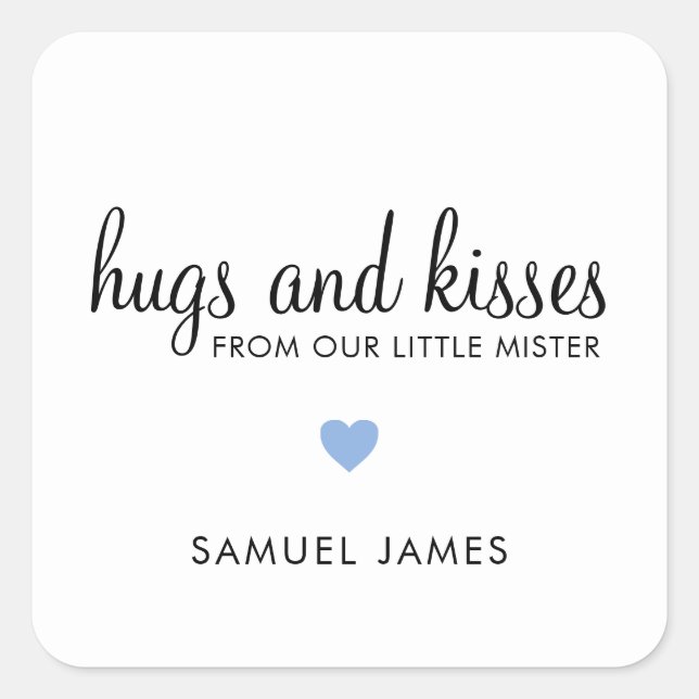 Hugs und Kisses Blue Heart Boy Baby Shower Gevor Quadratischer Aufkleber (Vorderseite)
