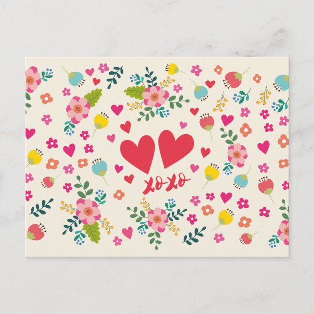 Hugs und Kisses - Blume und Herzen Postkarte (Vorderseite)