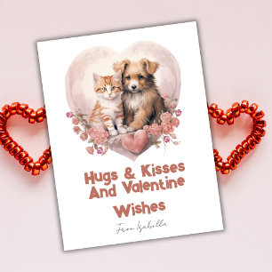 Hugs und Kisses Cat Dog Valentines Pink Card Feiertagspostkarte