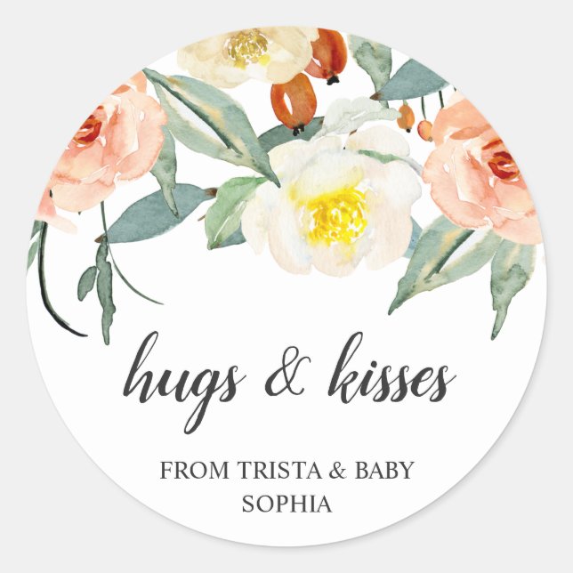 Hugs und Kisses Floral Girl Elegant Baby Shower Runder Aufkleber (Vorderseite)
