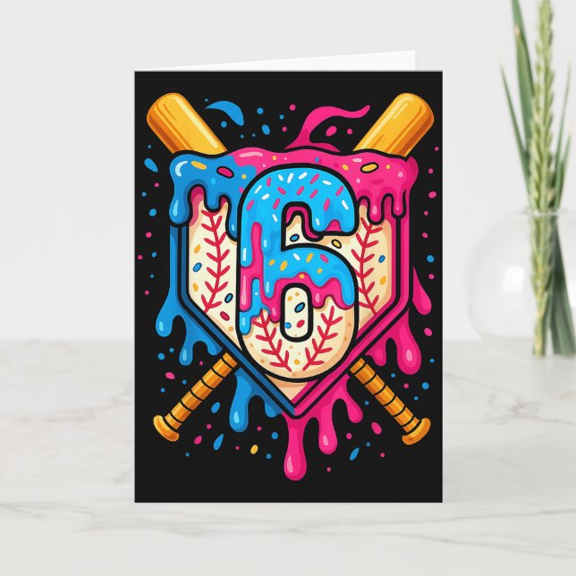 Hugvyn 6. Geburtstag Baseball Eis Drip Nummer Karte (Vorderseite)