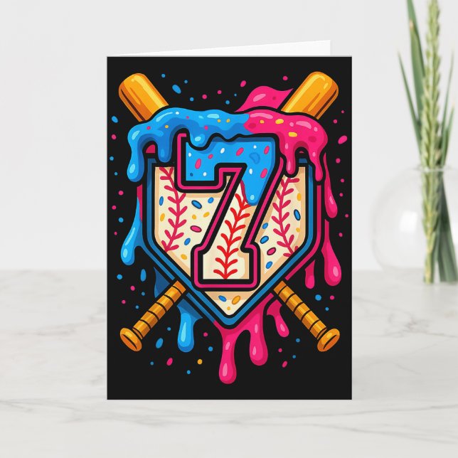 Hugvyn 7. Geburtstag Baseball Eis Drip Nummer Karte (Vorderseite)