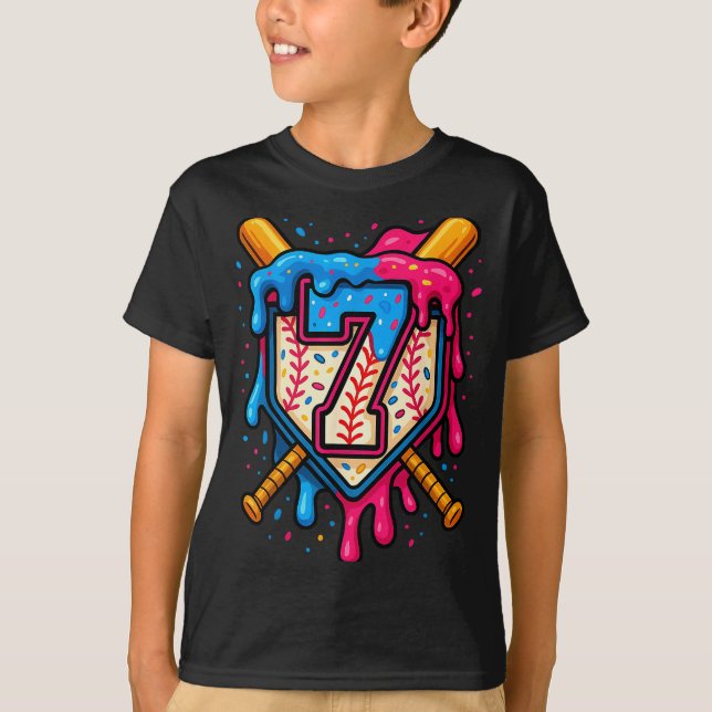 Hugvyn 7th Birthday Baseball Ice Cream Drip Number T-Shirt (Vorderseite)