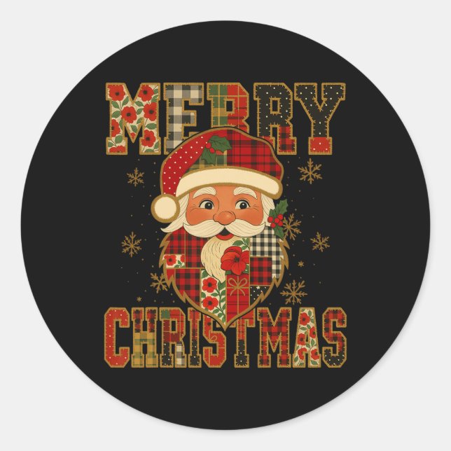 Hugvyn Christmas Santa Claus Patchwork Merry Chris Runder Aufkleber (Vorderseite)