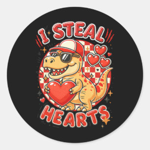 Hugvyn I Steal Hearts Valentinstag Jungen Dinosaur Runder Aufkleber