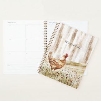 Huhn auf Grasfeld mit Blumen Planer
